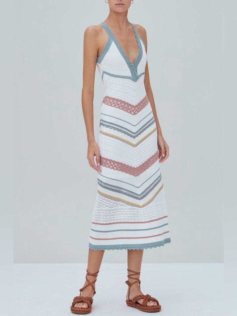 Alexis White Crochet Midi Dress With Blue, Pink And Yellow Accents